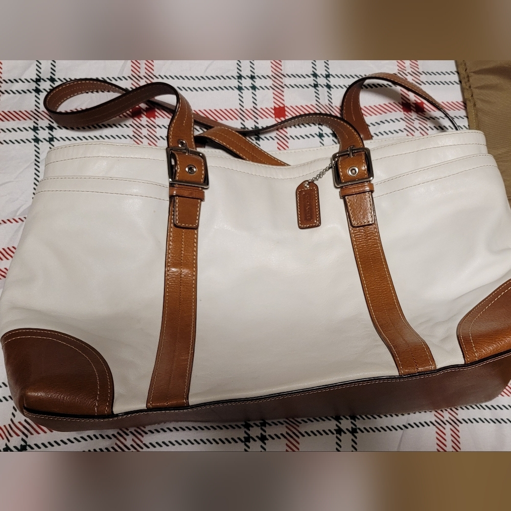 Coach White and Brown Leather Diaper Bag
